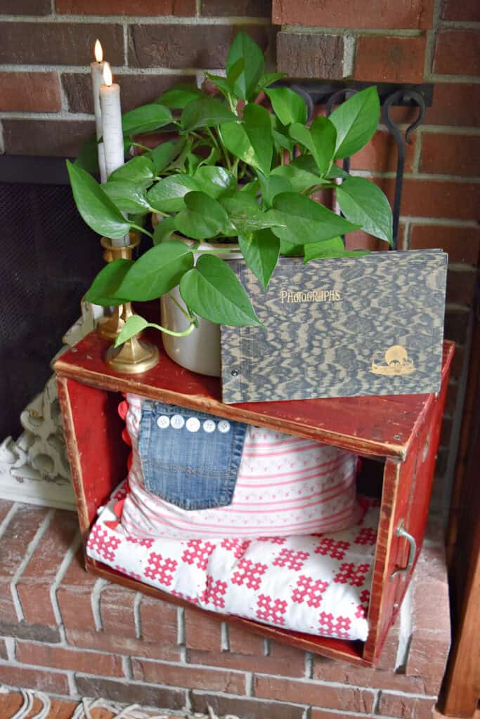 Old red crate with vintage Patriotic decor and green plant.