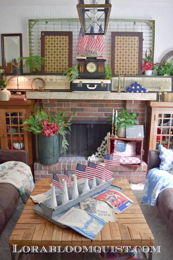 Vintage Patriotic Mantel decor with thrifted vintage finds.