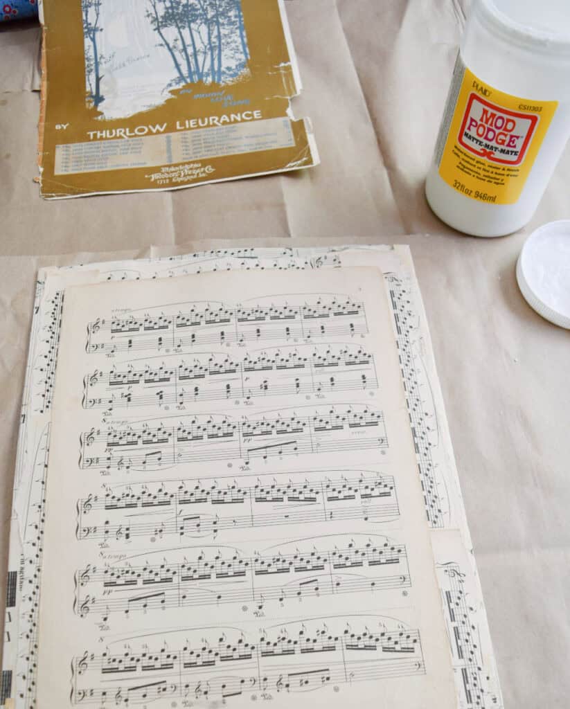 Vintage sheet music crafted into upcycled art.