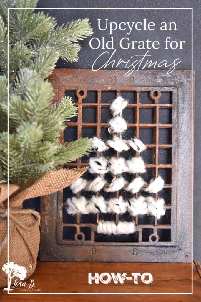 DIY yarn art on old heat grate as Christmas decor