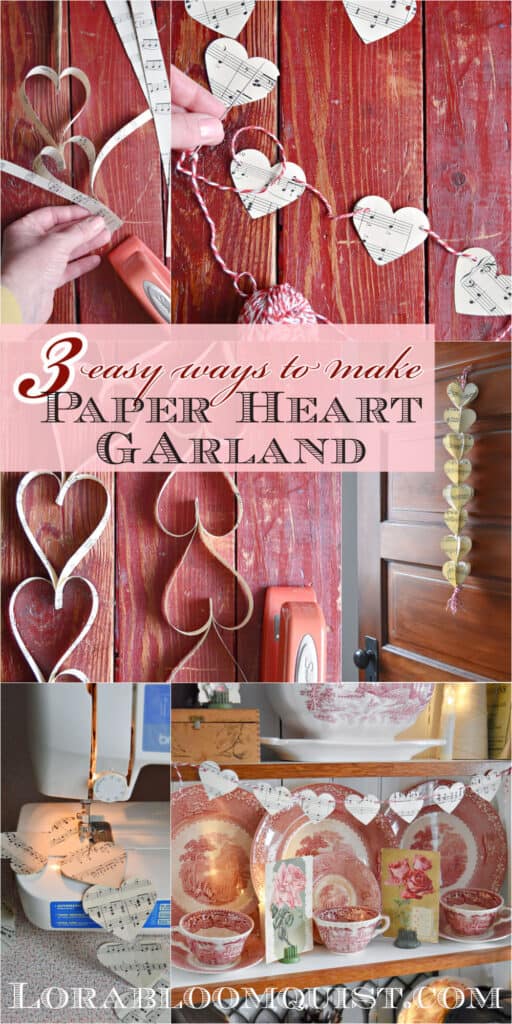 DIY paper heart garland, made 3 different ways with vintage music paper.