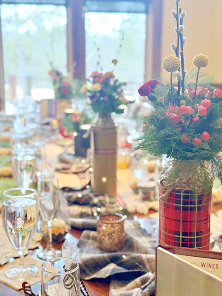 Vintage thermos flower arrangement as centerpiece