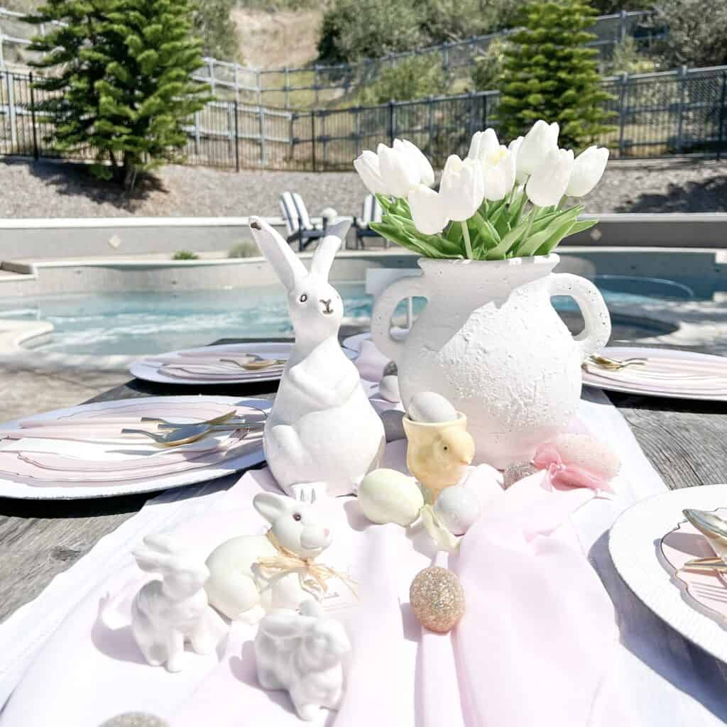 Bunnies on table by pool