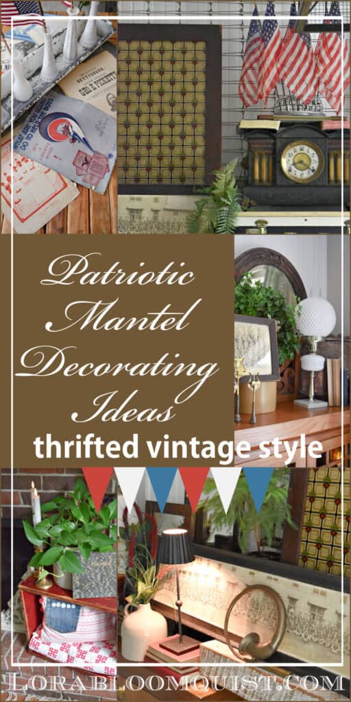 Patriotic mantel decorating ideas with thrifted vintage style pin.