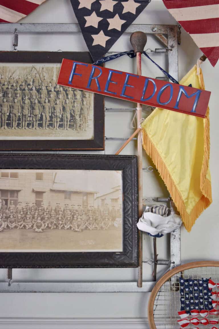 Vintage yard long pics in patriotic display.