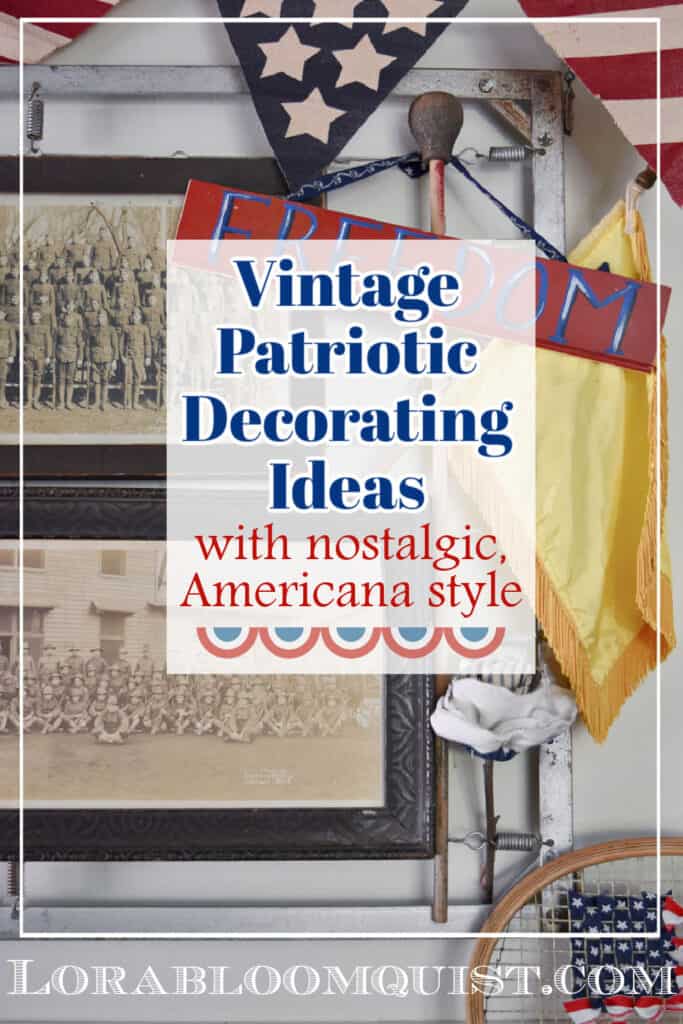 Vintage yard long military photos as patriotic decor display.
