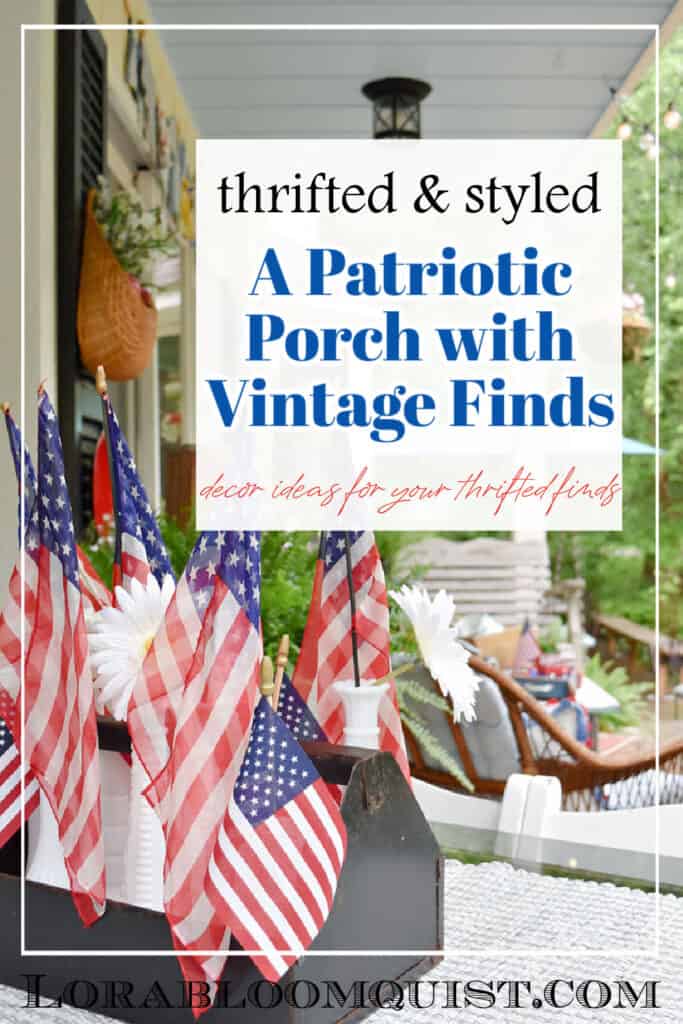 American flags in milk glass bottles as Patriotic porch decor.