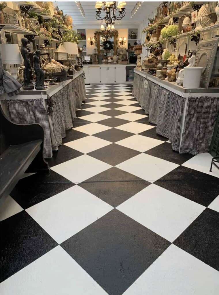 Black and white checkerboard floor