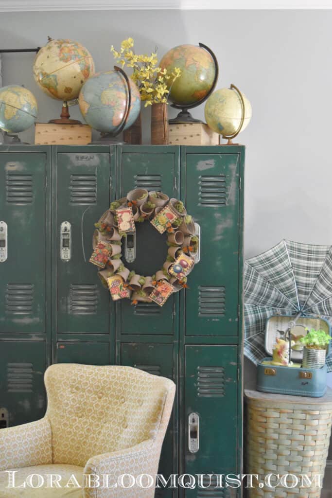 Seed packet DIY wreath hanging on vintage lockers.