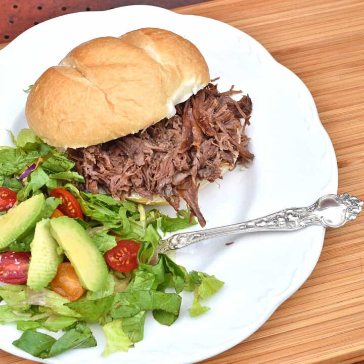 Pepperoncini Shredded Beef is perfect on a bread bun.