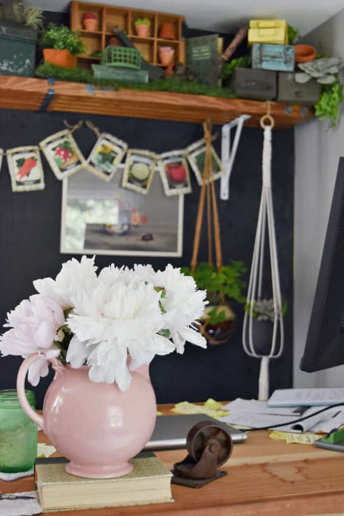 Pink luray pitcher with peonies.