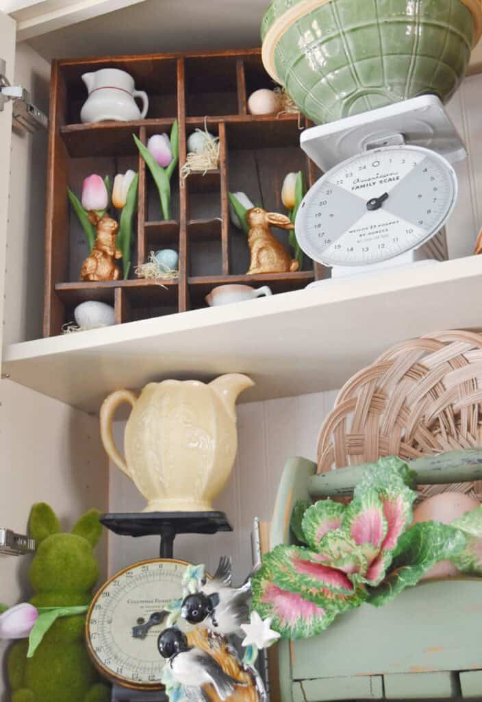 Vintage Spring decor on kitchen shelves