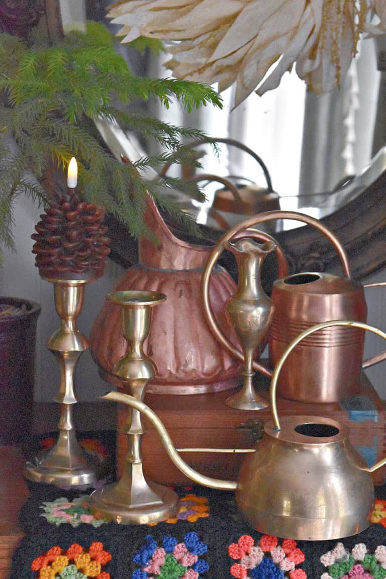 Copper and brass vintage finds display.