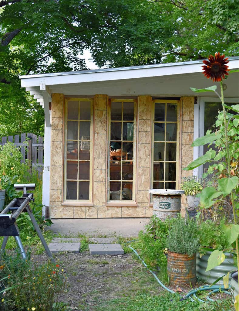 Old windows on garden house