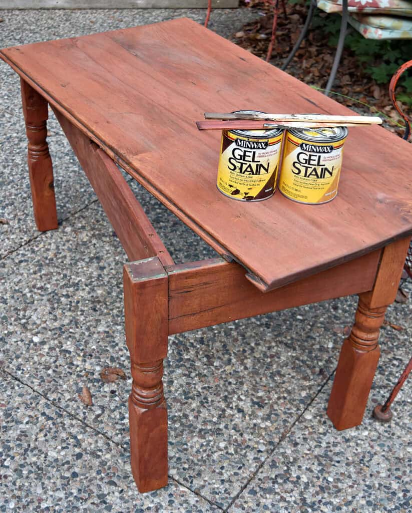 Antique wood table cut to coffee table size.