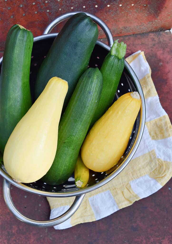 Zucchini and yellow squash in colander.
