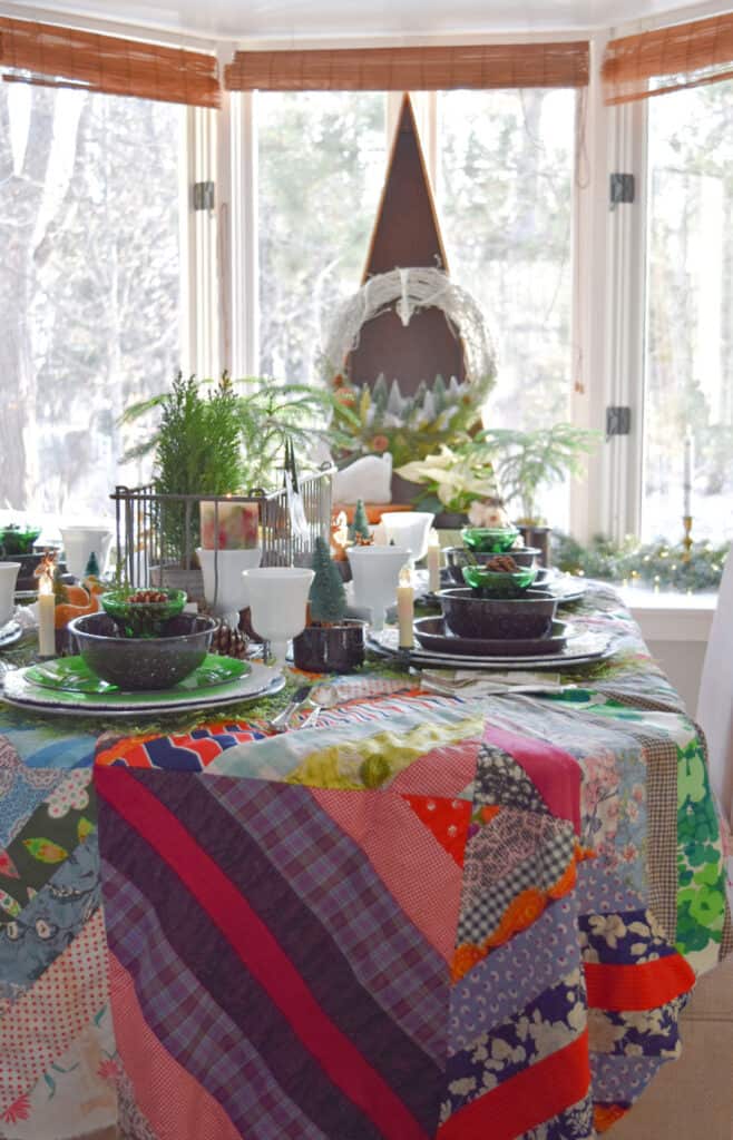 Vintage quilt as tablecloth for Christmas