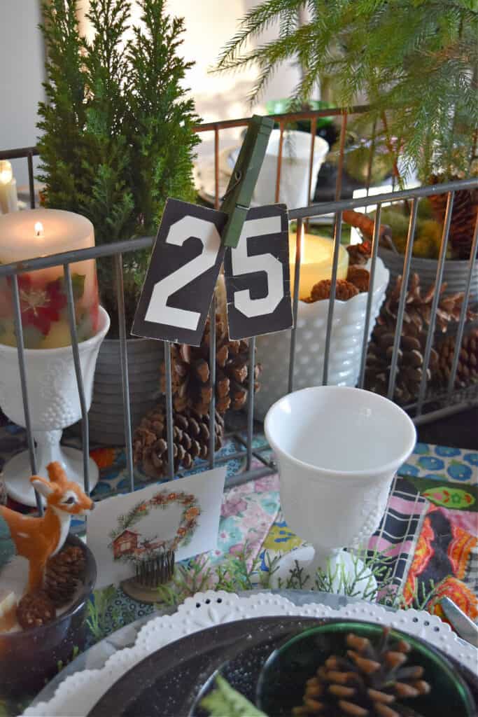 Vintage 25 number clipped to Christmas centerpiece.