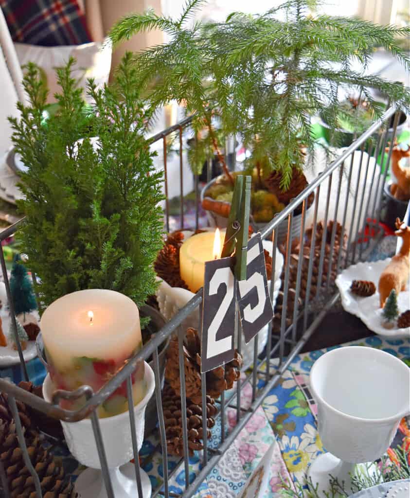 Vintage milk glass and live greenery as Christmas centerpiece.