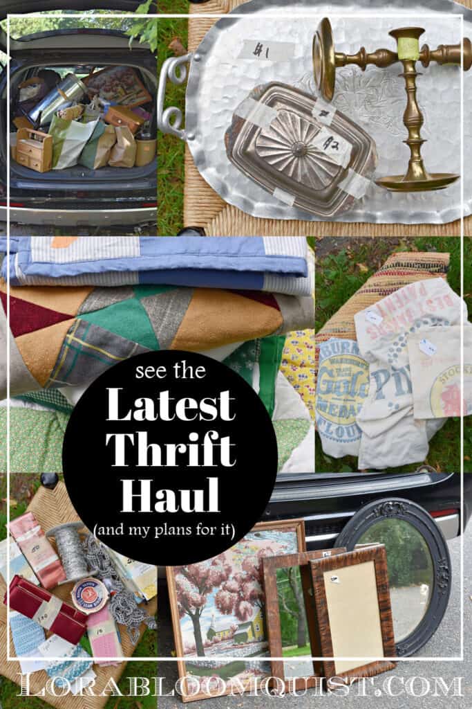 Thrifted vintage finds: quilts, feed sacks, trims, frames and metal.