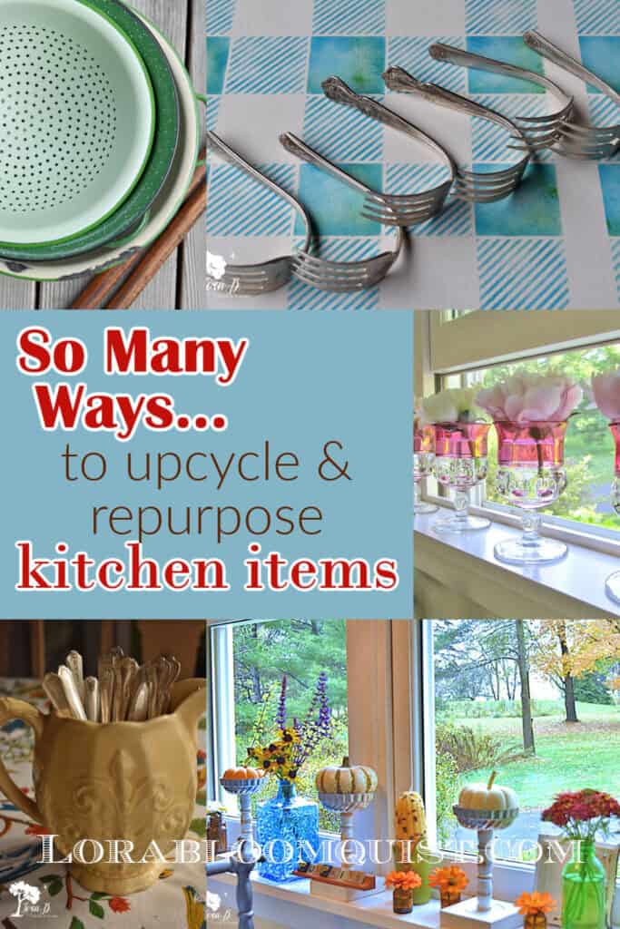 Silverware, colanders, bakeware and glasses as repurposed kitchen items.