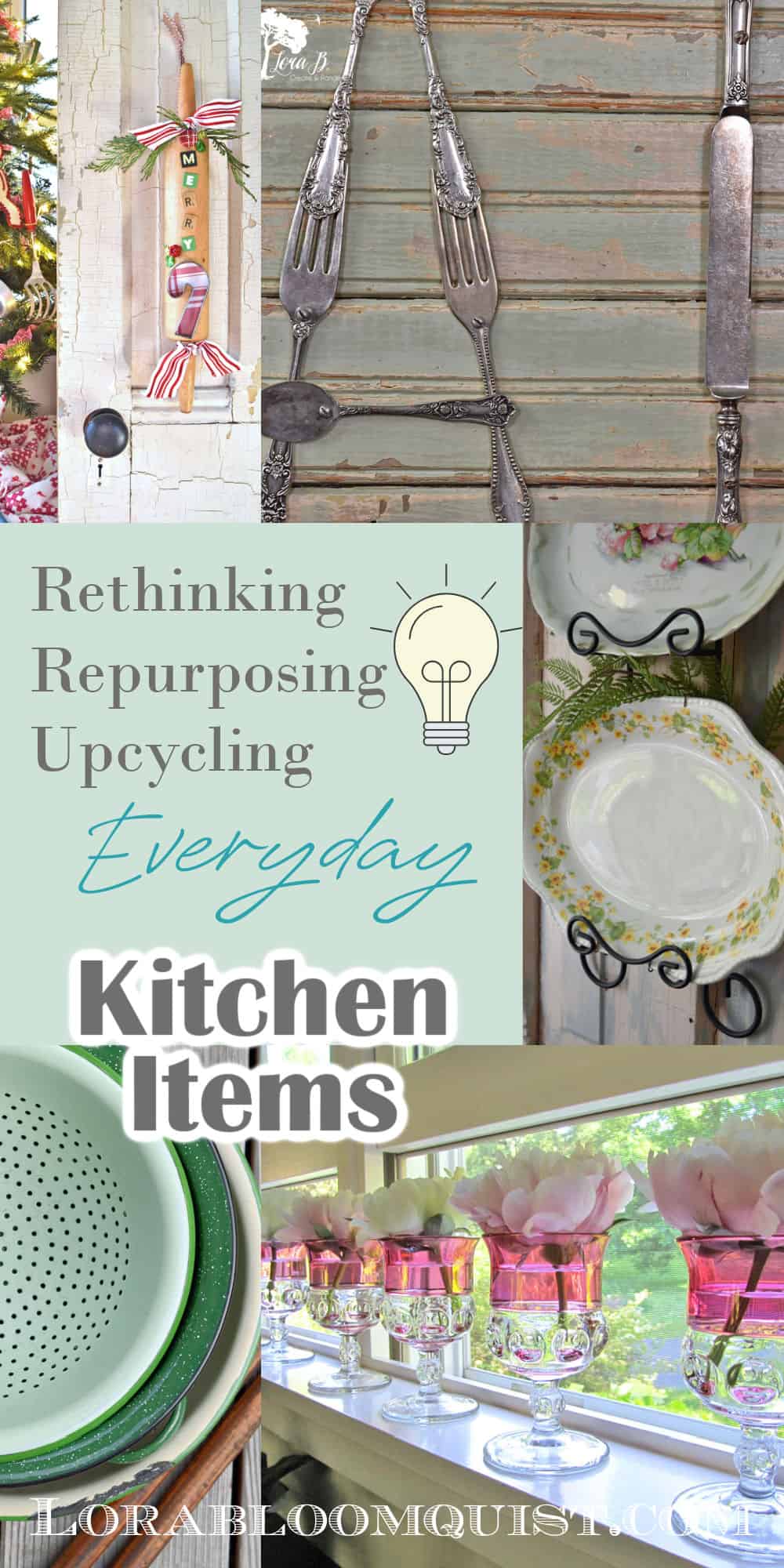 Silverware, colanders, bakeware and glasses as repurposed kitchen items.