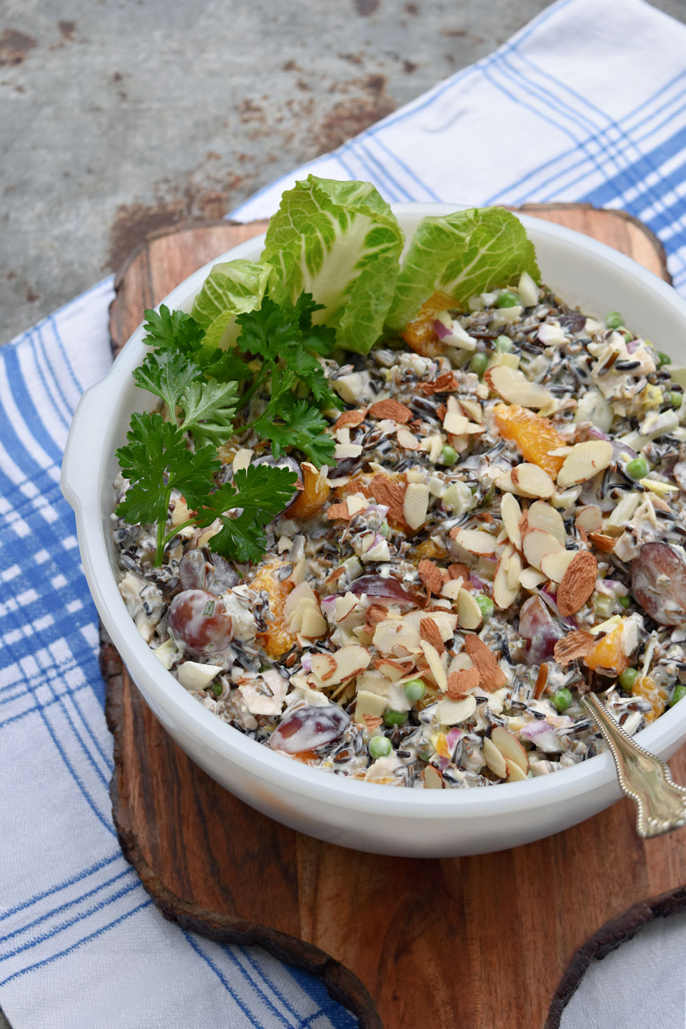 Wild rice chicken salad in serving bowl.