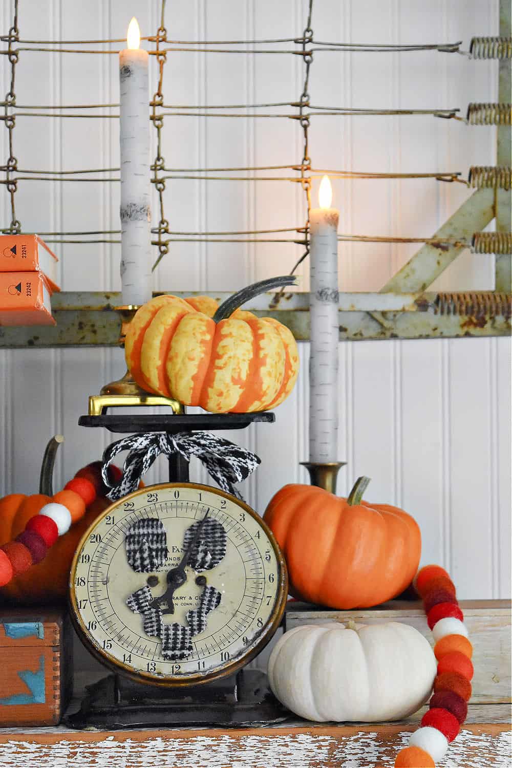 Vintage kitchen scale decorated as jack o lantern with pumpkins.