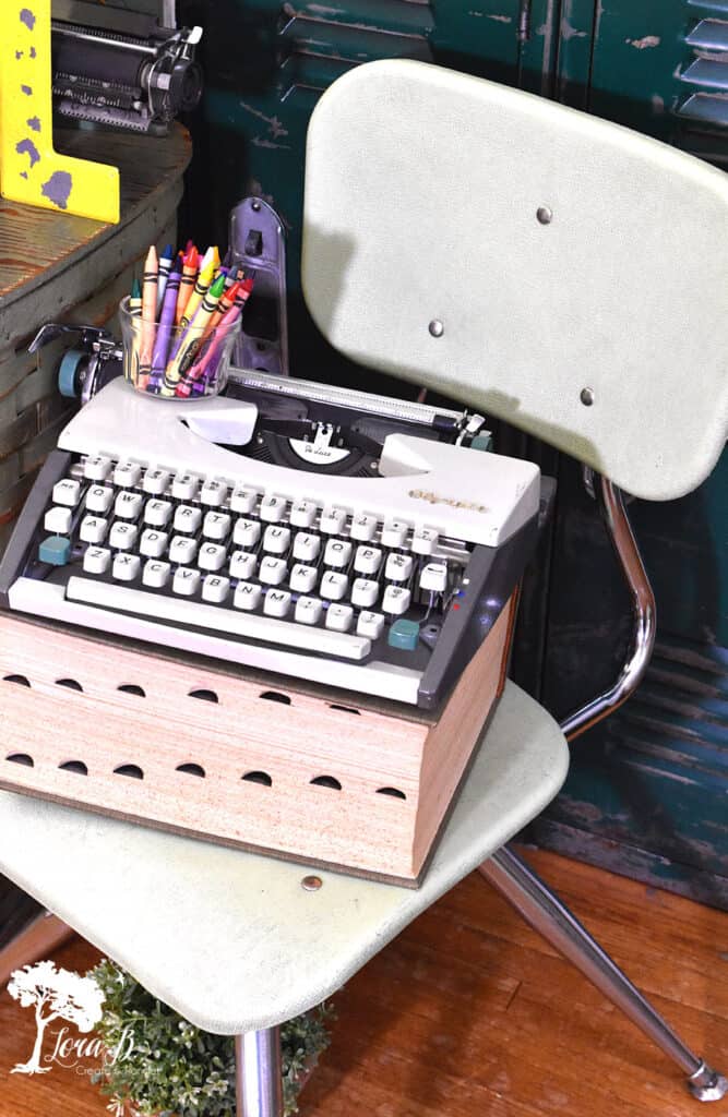 Vintage typewriter displayed for fun vintage school decor ideas.