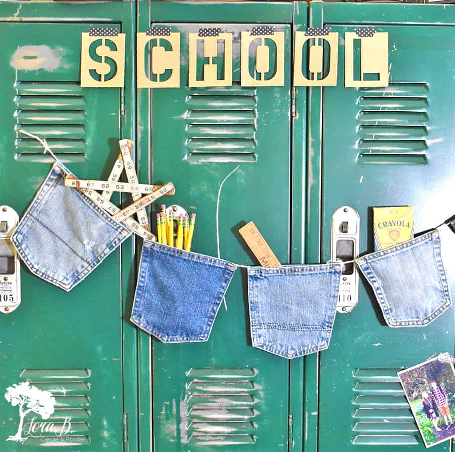 DIY blue jean pocket garland for fun vintage school decor ideas.