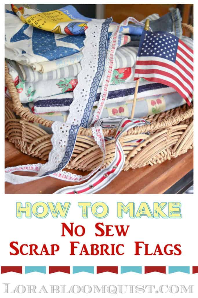 Stack of colorful fabric in basket with trims and flag.