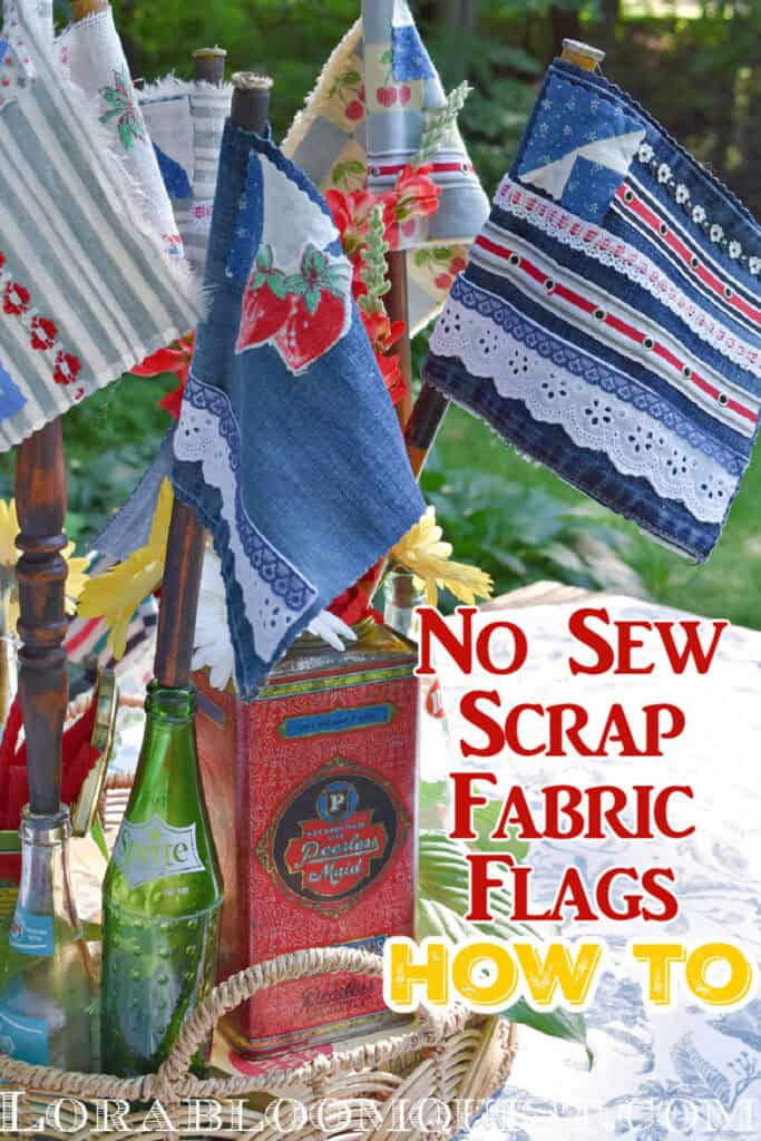 Denim scrap fabric flags in vintage soda bottle and tin.