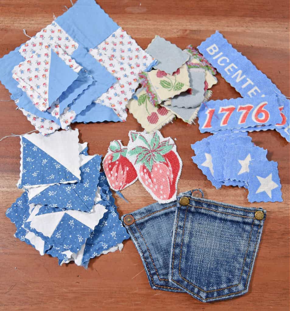 Red, white and blue fabric scraps.