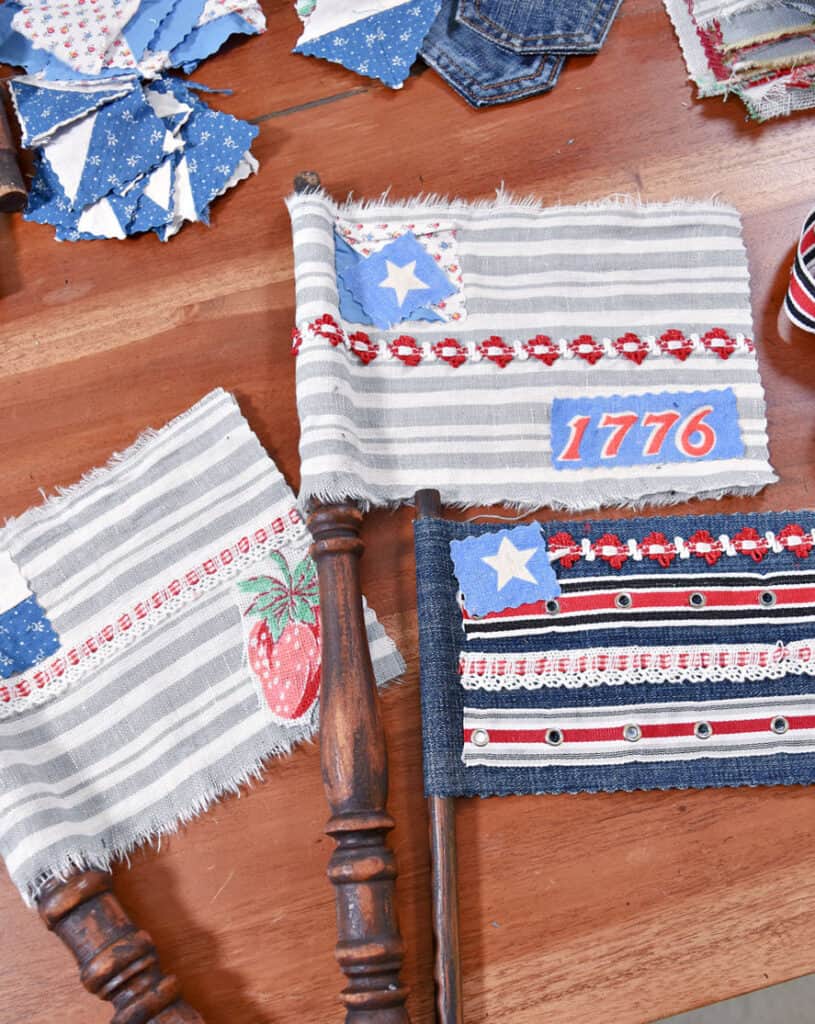 DIY scrap fabric flags in Patriotic colors.