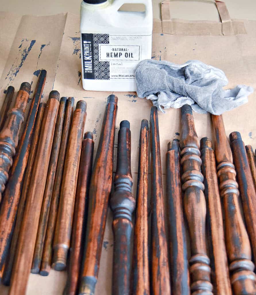 Wiping hemp oil on spindles.