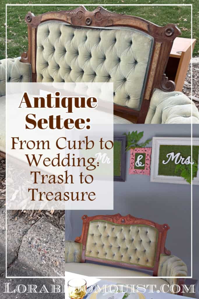 Antique velvet tufted settee on curb, transformed to wedding seating.