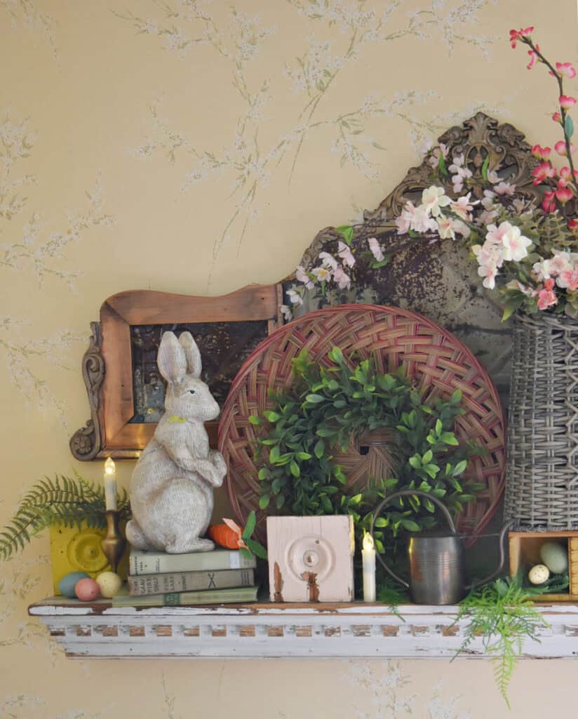 Spring decorated shelf with thrifted vintage finds.