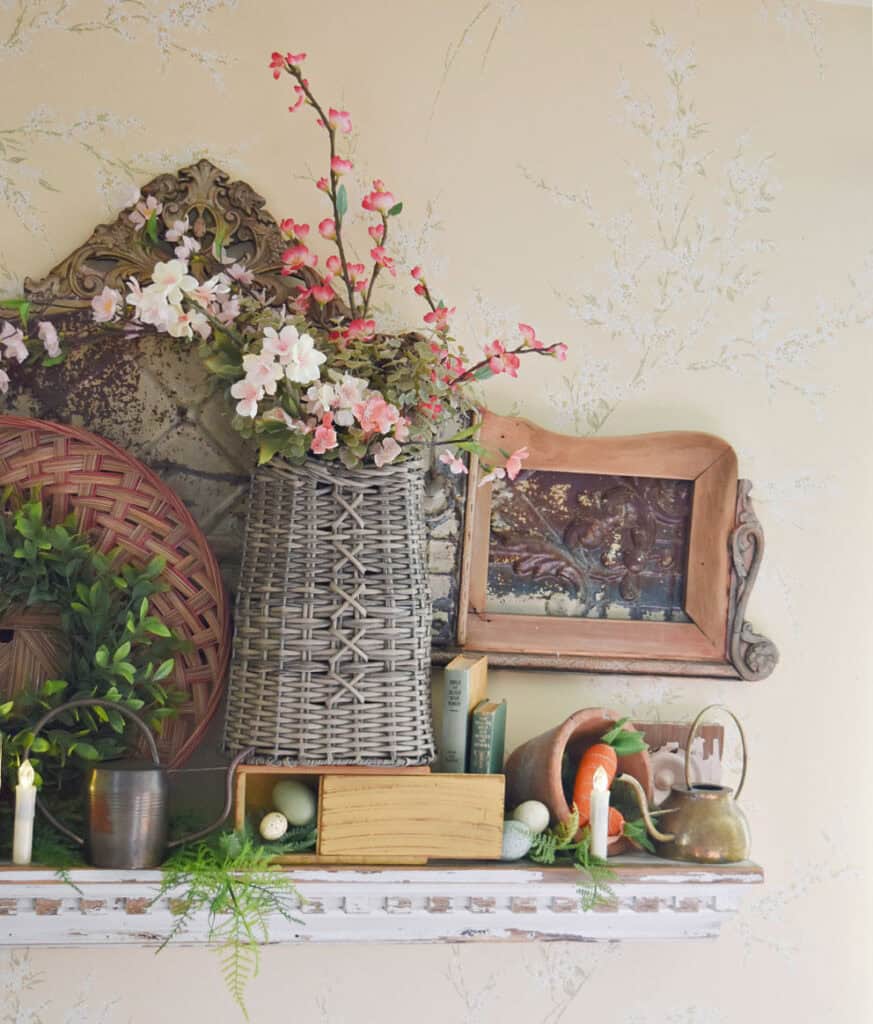 Spring decorated shelf with thrifted vintage finds.