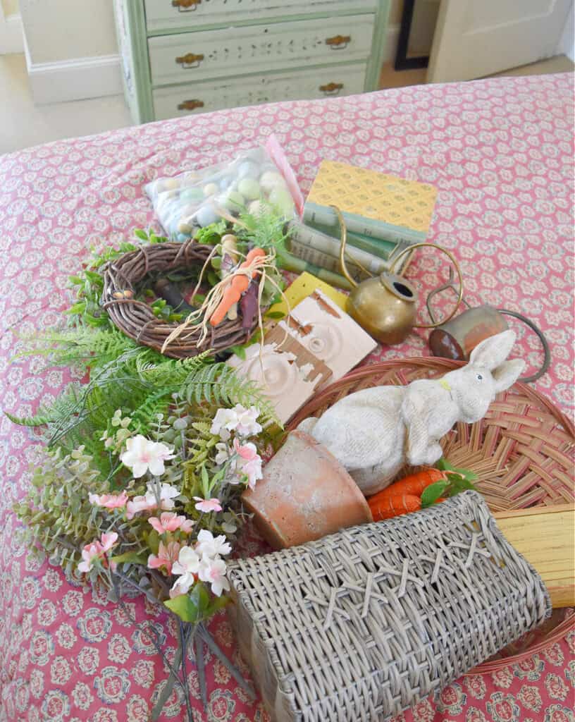 Spring and Easter accessories to style a bedroom shelf.