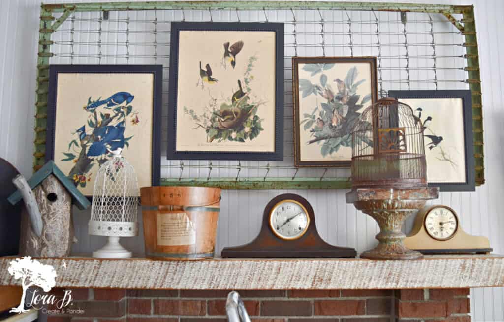 Vintage bird pictures above mantel