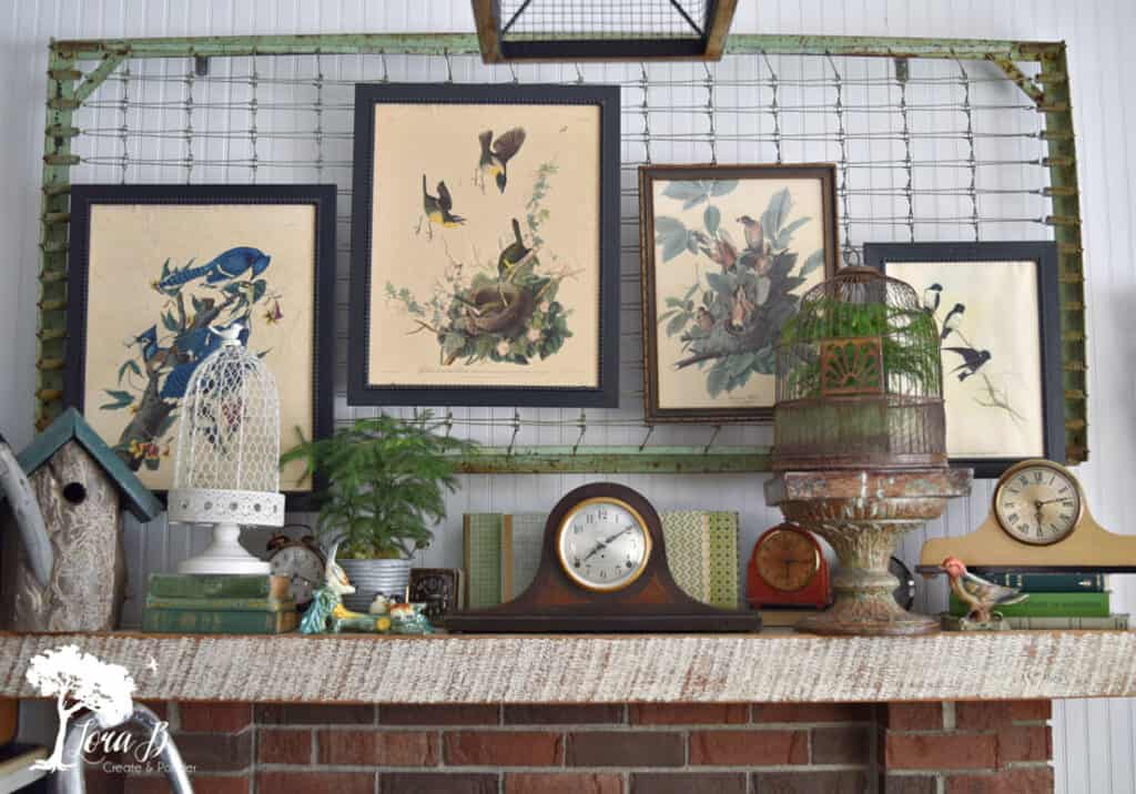 Vintage bird theme as mantel decor