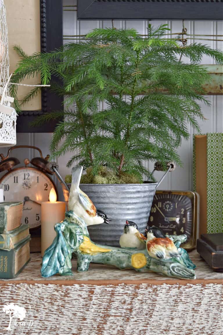 Decorating the Spring Mantel (with vintage and birds)