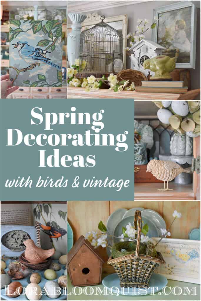 Spring Decorating Ideas with birds & vintage pin.