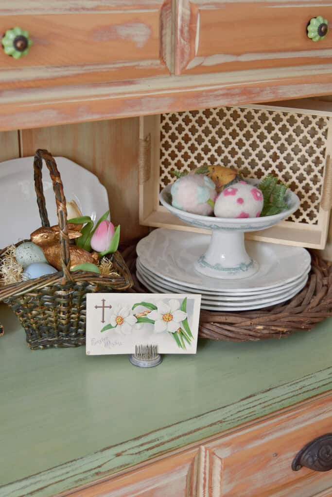 Mini Easter basket, old postcard and vintage ironstone.
