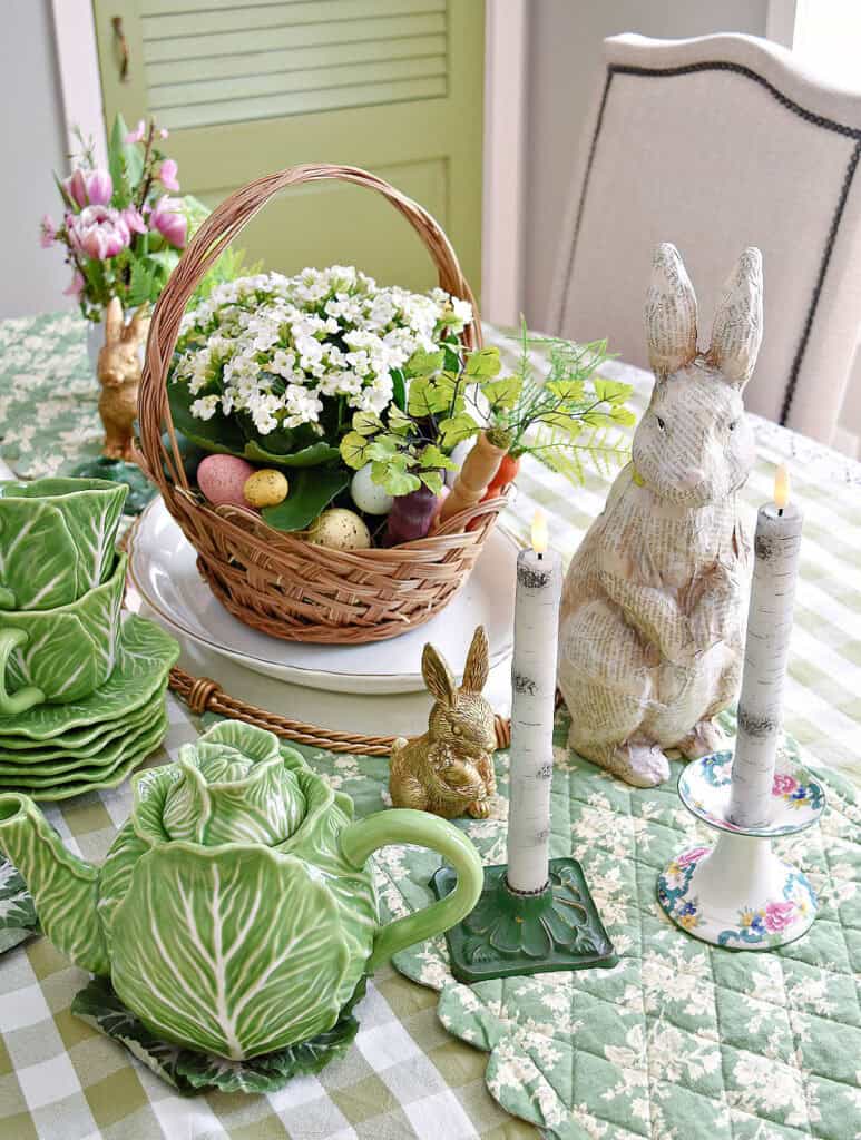 Green cabbage ware teapot and Easter centerpiece.
