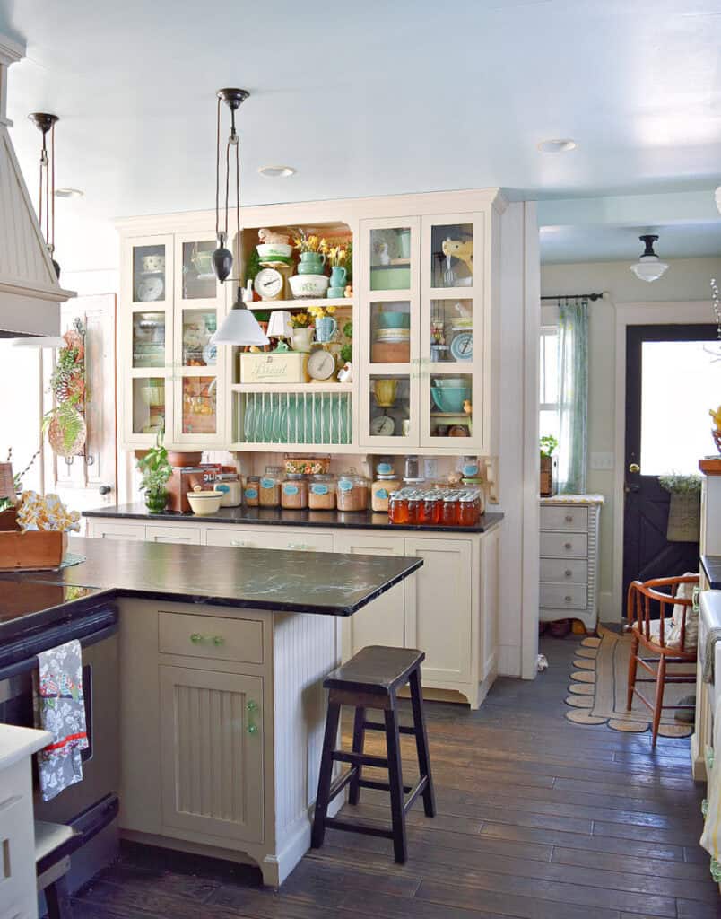 Farmhouse kitchen decorated for Spring with cottage style.