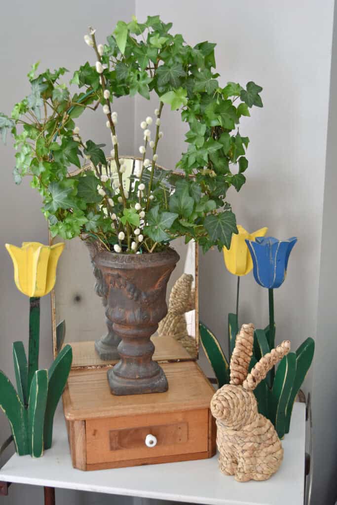Ivy topiary and wooden tulips and bunny.