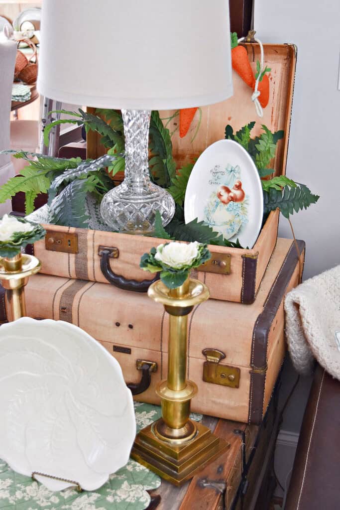 Vintage suitcase vignette decorated for Spring.