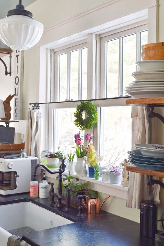 Nostalgic cottage kitchen decorated for Spring.