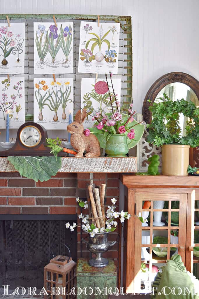 Floral botanical art as Spring mantel display with bunny and flowers.